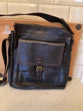 Men's Black Leather Messenger Bag with Front Buckle Pocket